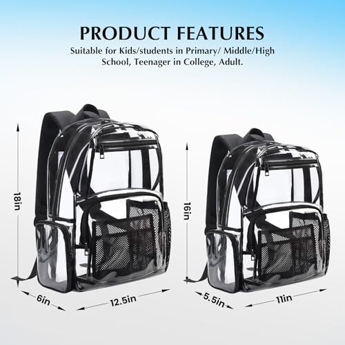16" Clear Backpack for School – Heavy Duty Transparent Bookbag for Boys, Girls, Men Kids & Adults - size: Large