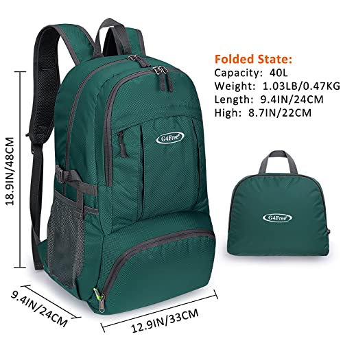 G4Free 40L Lightweight Packable Hiking Backpack, Waterproof Travel Daypack - color: Dark Green