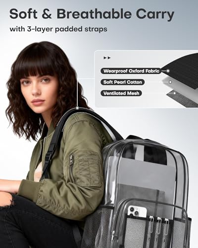 HOTOR Clear Backpack - Multi-Pocket Bookbag, Cold-Resistant PVC Waterproof Work Bag & College Backpack with Padded Shoulder Straps for Travel, Festival, 16.0" x 12.0" x 7.0", Black - size: Medium
