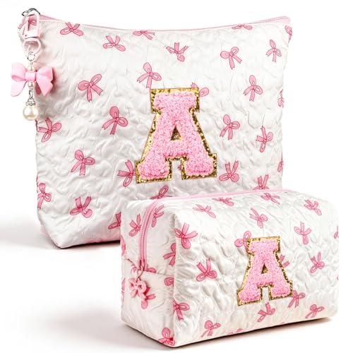 Initial Makeup Bag, Valentines Day Gifts for Women Teens Girls Birthday Gift Personalized Bow Cosmetic Bag, Quilted Cosmetic Travel Toiletry Pouch, Cute Makeup Organizer Teen Girl Gifts Trendy Stuff A - color: A