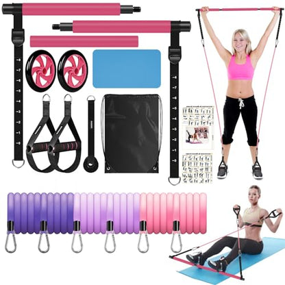 Pilates Bar Kit with Resistance Bands, Olodeer Pilates Reformer Exercise Bar with Ab Roller at Home Workout Equipment, Pilates Bar Set for Full Body Training Women & Men