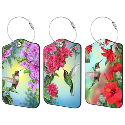 3 Pack PU Leather Luggage Tag for Suitcase Hummingbird with Hibiscus Suitcase Tags with Privacy Name ID Label and Stainless Steel Loop for Travel Bag - color: Hummingbird With Hibiscus