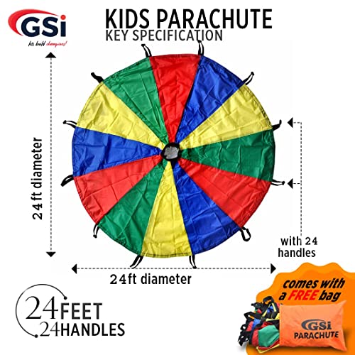 GSi Kids Play Parachute Rainbow Parachute Toy Tent Game for Children Gymnastics Cooperative Play and Outdoor Playground Activities (24 Feet) - size: 24 Feet