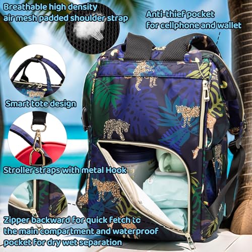 Diaper Bag Backpack, Animal Print Travel Nappy Bag with USB Charging Port Stroller Straps and Insulated Pocket For Women/Mum (Animal Print Pattern) - color: Blue
