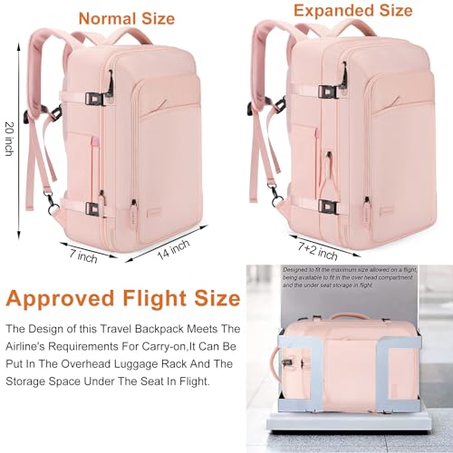 BAGPARKK Travel Laptop Backpack,42L Carry on Luggage, Flight Approved Expandable Backpack,Business Anti Theft Weekender Bags for Women Men, Water Resistant Expandable Backpacks With 4 Packing Cubes - color: Pink(backpack With 4 Packing Cubes)