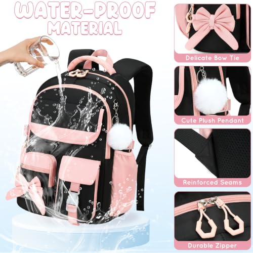 Kids Backpack for Girls, 3PCS School Backpack Set with Insulated Lunch Box & Pencil Case, Waterproof Lightweight Bookbag for Elementary & Middle School, Cute Bow Travel Daypack Black-Pink - color: Black-pink