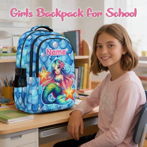 Personalized Girls Backpack Custom Mermaid Backpacks for Kids Back to School, Durable 17 Inch Schoolbags with Name for School Travel Picnic - color: Blue