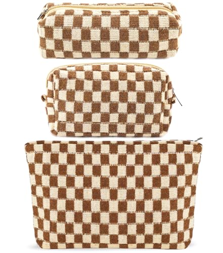ZLFSRQ 3Pcs Checkered Makeup Bag for Women Large Small Checkered Cosmetic Bag Set Aesthetic Preppy Pencil Case Cute Pencil Pouch Brown Makeup Pouch for Purse Travel Toiletry Bags Zipper Skincare Bags - color: B-Checkered 3Pcs Mix Brown