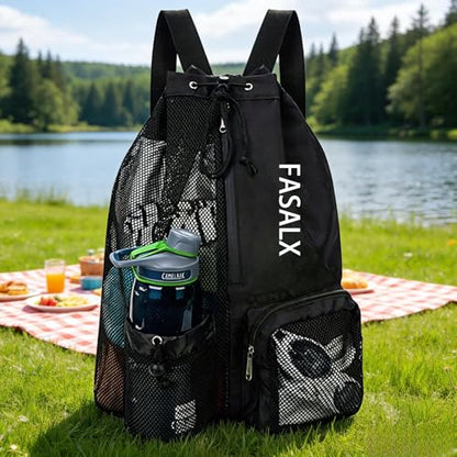3-in-1 Swim Beach Gym Gear Set.Mesh Drawstring Backpack + Microfiber Beach Towel + Waterproof Phone Pouch, for Swimming, Gym - color: Black