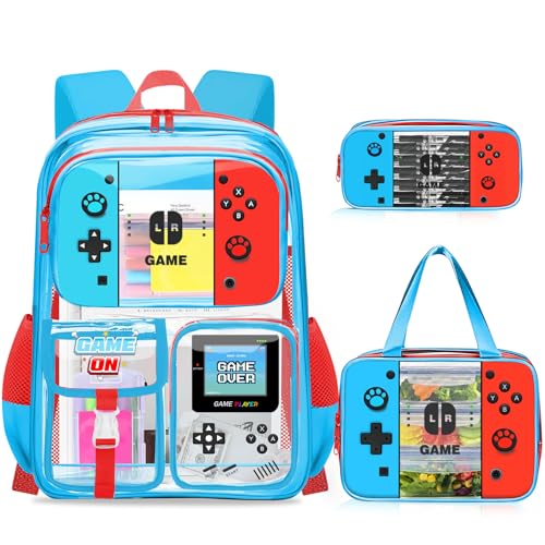 Large Clear Backpack for School - 3PCS Gamer Clear Backpacks for Boys with Lunch Bag and Pencil Case, Heavy Duty Transparent Bookbag for Kids, 17" See Through Bag for Stadium Events - color: Red Blue-backpack Set
