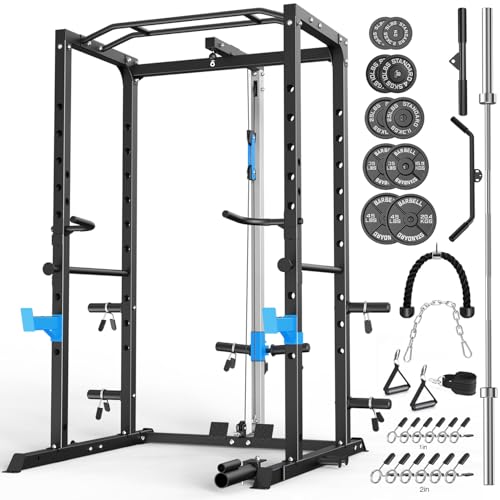 ULTRA FUEGO Power Cage, Multi-Functional Power Rack with J-Hooks, Dip Handles, Landmine Attachment and Optional Cable Pulley System for Home Gym - size: 240LB Weights Package