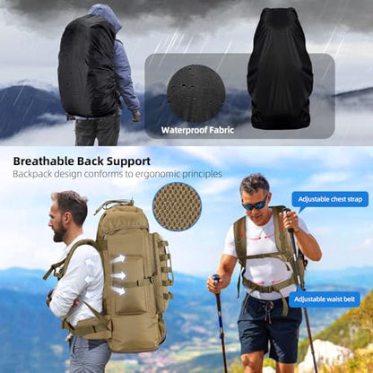 70L/100L Camping Hiking Backpack with Rain Cover, Expandable Large Military Tactical Backpack, Waterproof Molle Racksack Travel Backpacking Daypack for Climbing Trekking (Khaki) - color: Khaki