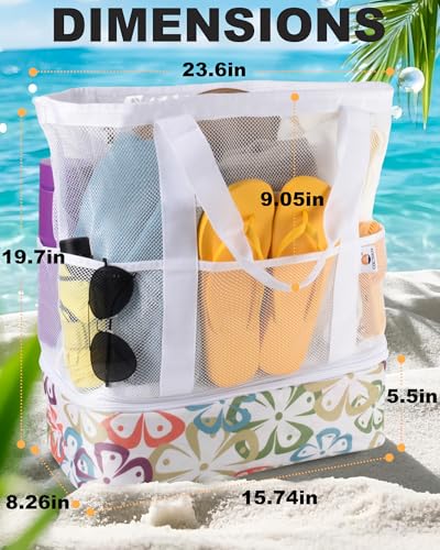 CaCTOUR Beach Bag with Cooler Compartment,Mesh Beach Bag Dry Wet Detachable with Zipper Pockets,Waterproof Sandproof Pool Bag - color: White