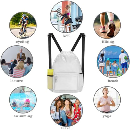 Waterproof Drawstring Bag, Lightweight String Backpack with Water Bottle Holder and Pockets, Gym Sports Cinch Sackpack (Grey) - color: Grey