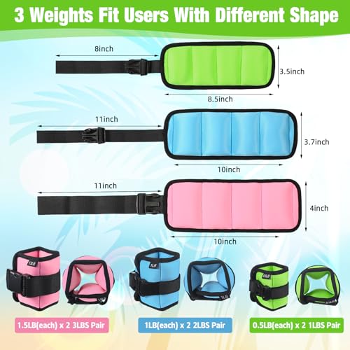 Arrowbash 3 Pairs Ankle Weights for Men Women 0.5lb/1lb/1.5lb Adjustable Swimming Ankle Wrist Weights Bands Set for Pool Aqua Cuffs Aerobics Fitness Jogging Walking Running Yoga - color: Pink Blue Green