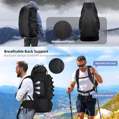 70L/100L Camping Hiking Backpack with Rain Cover, Expandable Large Military Tactical Backpack, Waterproof Molle Racksack Travel Backpacking Daypack for Climbing Trekking (Black) - color: Black