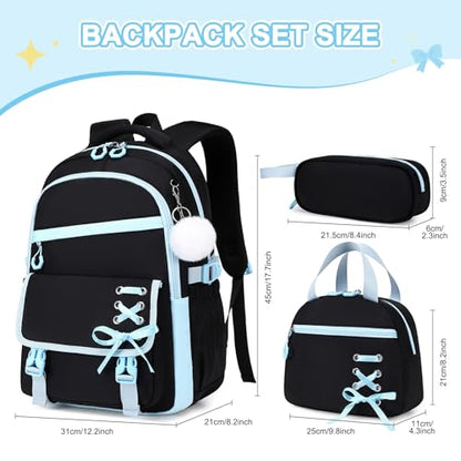 Scothen 3PCS Girls Backpack for School, Kids Backpack for Girls with Lunch Bag Pencil Case, Kids Bookbag Teen Backpacks for Elementary Middle High School - color: Black-blue