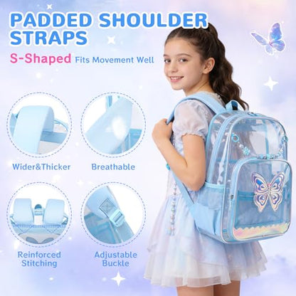 MUSEVOS Clear Backpack for School, Clear Bookbag for Girls PVC Heavy Duty Transparent Backpack, Blue Butterfly - color: Blue