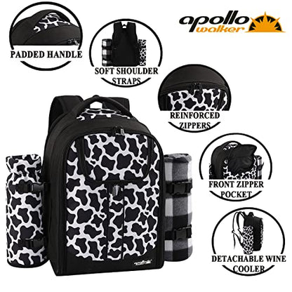 apollo walker Picnic Backpack Bag for 2 Person with Cooler Compartment, Detachable Bottle/Wine Holder, Fleece Blanket, Plates and Cutlery Set (2 Person, Black) - color: Black, size: 2 Person