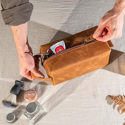 Personalized Handcrafted Leather Toiletry Bag for Men, Custom Shaving, Travel Dopp Kit, Grandpa, Dad, Husband, Father, Him, Boyfriend, Groomsmen, Birthday, Wedding, Graduation, Retirement Gifts - color: Personalized Gifts