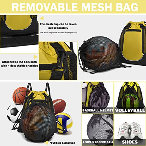 STAY GENT Drawstring Basketball Backpack for Boys, Foldable Soccer Backpack Gym Bag Sackpack Sports Sack with Detachable Ball Mesh Bag for Volleyball Baseball Yoga - color: Yellow