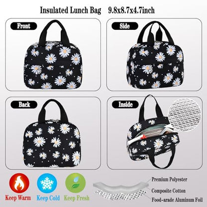 Girls Backpack Set with Lunch Box & Pencil Case, Floral Print Girls School Backpack for Elementary/Middle/High School (Black-Daisy) - color: Black-daisy