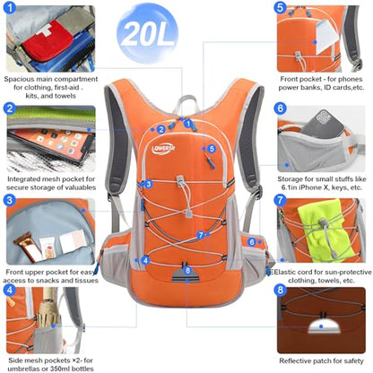 20L Hydration Backpack Pack with 2L Water Bladder Lightweight Hiking Backpack for Women Men, Adjustable Chest Straps Running Hydration Vest for Hiking, Cycling, Climbing - color: Orange
