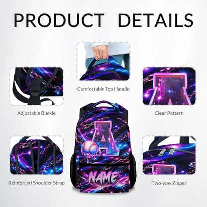 COZYAURA Baseball Backpack for Kids, Personalized Boys School Bag with Custom Name Initial, 17 Inch Monogram Sports Bookbag for Elementary Middle School - color: Purple