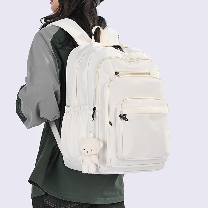 JARKJARD Cute School Backpack for Kids Teen Girls Aesthetic Lightweight Large Capacity Bookbag College Students School Bag Casual Travel Solid Color Daypack（White - color: White