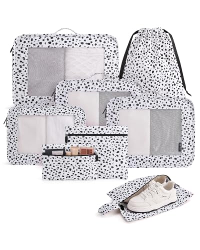 LIGHT FLIGHT 8 Set Packing Cubes for Travel, Durable Travel Essentials for Cruish Ship, Suitcase Organizer Packing Bags (8-Pack 1L+2M+1S+1Shoe bag+2Toiletry Bags+1Laundry Bag) - color: Dot Print