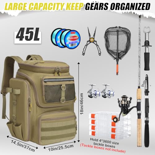 HAMBOLY Fishing Backpack 45L with Rod Holders, Water-Resistant Tackle Backpack for Fishermen, Large Capacity Fishing Gear Bag for Travel Hiking Camping - color: Brown