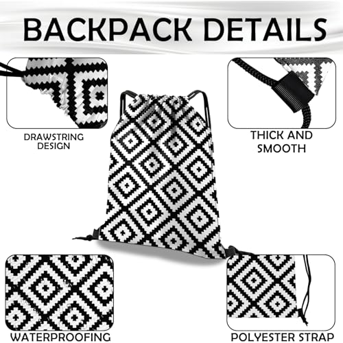 Drawstring Backpack Draw String Bag Waterproof for Sports Gym Beach Travel Cute Aesthetic Sackpack Men Women (13"×17")-Black Rhombus - color: S-20-black