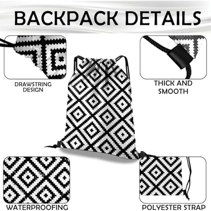 Drawstring Backpack Draw String Bag Waterproof for Sports Gym Beach Travel Cute Aesthetic Sackpack Men Women (13"×17")-Black Rhombus - color: S-20-black