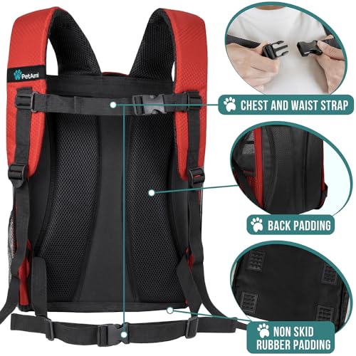 PetAmi Dog Backpack Carrier for Small Medium Dogs Large Cats up to 18 lbs, 2 Side Entry, Structured No-Collapse Frame, Airline Approved Ventilated Pet Backpack for Hiking Camping Travel Vet, Red - color: Red