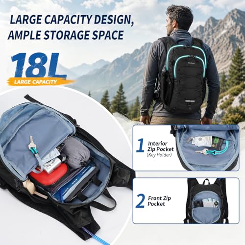 Blue Quartz Hydration Backpack with 2L Water Bladder, 18L Hiking Backpack for Women Men, Lightweight Water Pack with Phone Pocket for Quick Access, Hydration Pack for Cycling, Running, Biking - color: Black