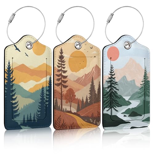 3 Pack Mountain Tree Luggage Tags for Suitcase Sunset Landscape PU Leather Travel Luggage Tag Privacy Cover ID Label for Women Men Baggage Backpack Handbag School Bag - color: Mountain Tree Sunset