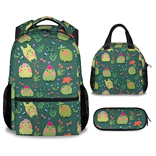 Mercuryelf Frog Girls Boys Backpack with Lunch Box Set, 3 in 1 School Travel Backpacks Matching Combo, Cute Green Bookbag and Pencil Case Bundle - color: Frog-2-2