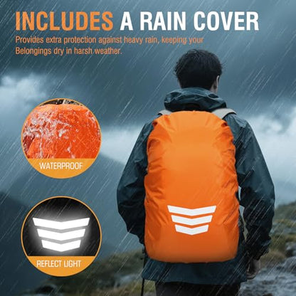 GES 30L Hiking Backpack Lightweight Water Resistant Daypack with Rain Cover & Laptop Compartment for Travel, Camping, trekking, Work(Black) - color: Black