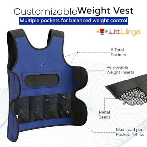 Weighted Vest for kids with Adjustable Weights, Compression Vest for Kids & Toddlers, Removable Metal Beads, Breathable Mesh and 6 Pockets - size: Small