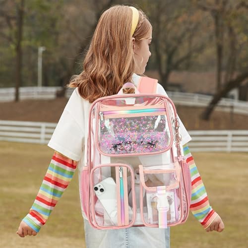 Clear Backpack for Girls Women, School Bookbag Heavy Duty See Through Backpacks (Rose pink) - color: Rose Pink