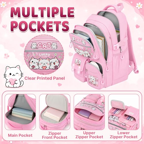 Cat Backpack for Girls, 4 PCS Girls Backpack with Lunch Box Set, Cute Kawaii Large Laptop Bookbag, School Bag for Elementary Kids & Teens - color: Cat