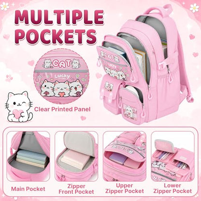 Cat Backpack for Girls, 4 PCS Girls Backpack with Lunch Box Set, Cute Kawaii Large Laptop Bookbag, School Bag for Elementary Kids & Teens - color: Cat