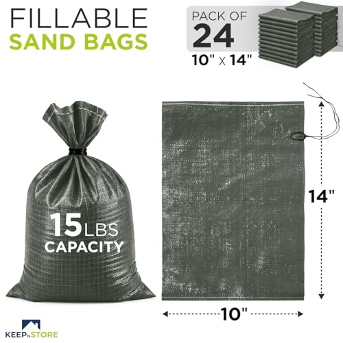 Heavy Duty Sand Bags Pack of 24, Army Green Empty Sandbags with Built-In Ties, Woven Polypropylene UV Protection 1600 Hours, Fillable Bags for Flood Control, Weight, 10x14 inches, 15 Pounds Volume - size: 10"W x 14"L, style: Pack of 24