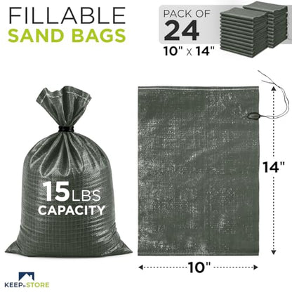 Heavy Duty Sand Bags Pack of 24, Army Green Empty Sandbags with Built-In Ties, Woven Polypropylene UV Protection 1600 Hours, Fillable Bags for Flood Control, Weight, 10x14 inches, 15 Pounds Volume - size: 10"W x 14"L, style: Pack of 24