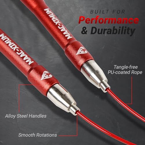 High Speed Rope - Professional Self-Locking & Adjustable, Adult Speed Jump Rope, 2 x PU coated Steel Ropes & Travel Bag,Jump Rope for Crossfit, Boxing, Fitness MMA for Men & Women - color: RED