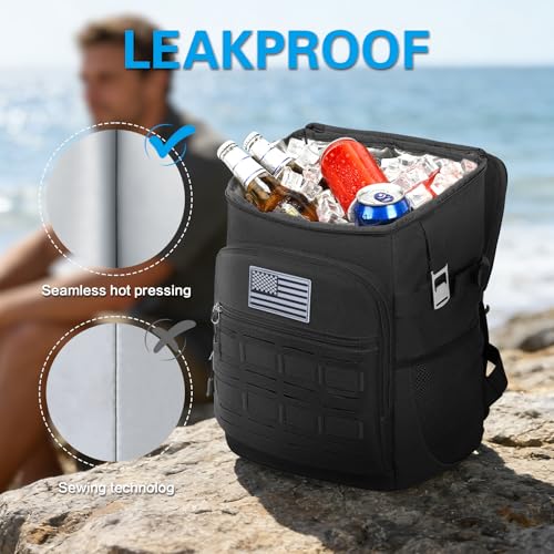 Tactical Cooler Backpack for Men, Double Deck Insulated Cooler Bag 40 Cans, Soft Lunch Backpack with 16H Ice Retention Waterproof Leakproof Picnic Backpack for Work Beach Camping BBQ Hiking - color: Black