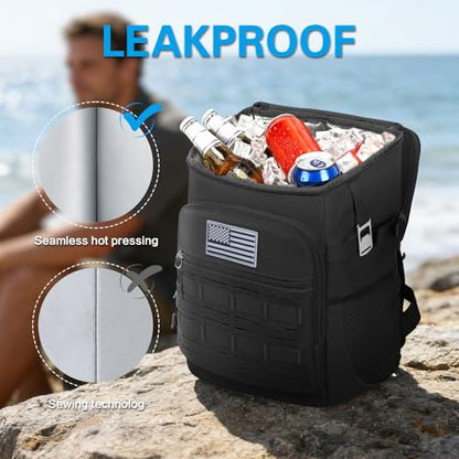 Tactical Cooler Backpack for Men, Double Deck Insulated Cooler Bag 40 Cans, Soft Lunch Backpack with 16H Ice Retention Waterproof Leakproof Picnic Backpack for Work Beach Camping BBQ Hiking - color: Black
