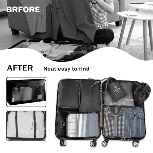 8 Set Packing Cubes for Suitcases, INVODA Travel Luggage Packing Organizers with Laundry Bag, Compression Storage Shoe Bag, Clothing Underwear Bag (Black) - color: Black