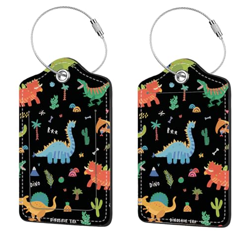 2 Pcs Luggage Tags for Suitcase, Cute Unique PU Leather Travel Bag Tag with Privacy Cover ID Label Address Card and Durable Metal Ring Suitable for Men Women Children Backpack,Dinosaurs - color: Dinosaurs