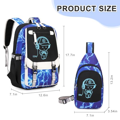 Bevalsa Backpack for Boys, Cool Luminous Boys Backpack with Sling Bag, Lunch Box & Pen Case, School Bags for Kids Children Teens Elementary Middle Schools, Bookbag Glow In The Dark (Lightning) - color: Lightning